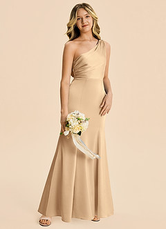 Azazie Ren Junior Champagne A-Line Pleated Stretch Satin Dress image3