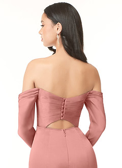 Azazie Hallie Bridesmaid Dresses Rosette Sheath Off-The-Shoulder Long Sleeve Stretch Satin Convertible Dress image7