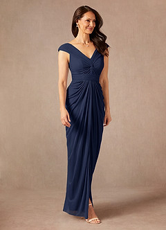 Azazie Lisolette vestidos de madre de la novia Vestido de Azul Marino Oscuro de Malla de Recto con Plisado image5
