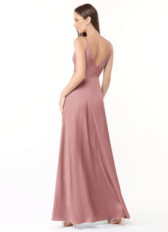 Azazie Dalilah Vestidos de damas de honor Vestido de Rosa Polvorienta de Satén Elástico de Corte en A con Cuello en V plisado image2