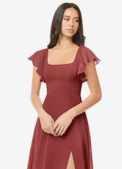 Azazie Bondi Vestidos de damas de honor Vestido Terracota de Gasa de Línea A con Volantes image6