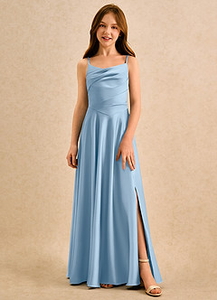 Azazie Coconut Girls Formal Flower Girl Dresses Powder Blue A-Line Pleated Stretch Satin Dress image4
