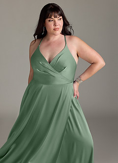 Azazie Davis Vestidos de damas de honor Vestido de Matcha de Satén Elástico de Corte en A con Plisado image11
