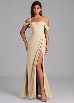 Azazie Johana Robes de demoiselle d'honneur Robe Sirène Convertible en Mousseline de soie Épaule décolletée Champagne image4