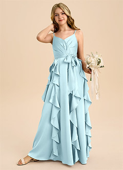 Azazie Peyton Junior Cloud Blue A-Line Pleated Stretch Satin Dress image3