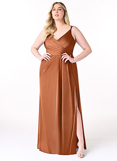 Azazie Aqua Bridesmaid Dresses Copper A-Line V-Neck Pleated Stretch Satin Dress image8