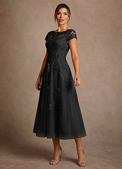 Azazie Jolanda 신부의 어머니 드레스 A라인 레이스 티 길이 드레스 image4