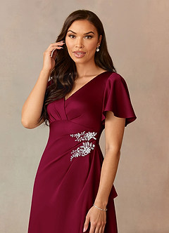 Azazie Robins Mother of the Bride Dresses Burgundy A-Line Pleated Stretch Satin Dress image5