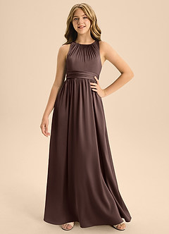 Azazie Jaylah Junior Ganache A-Line Pleated Stretch Satin Dress image1