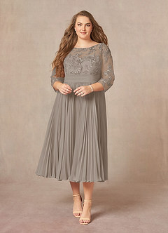Azazie Tutu Mother of the Bride Dresses Taupe A-Line Boatneck Lace Chiffon Dress image7