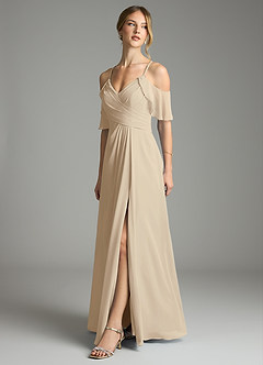 Azazie Dakota Vestidos de damas de honor Vestido de Champán de Gasa de Corte en A con Cuello en V plisado image4