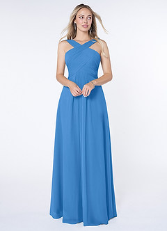 Azazie Kaleigh Robes de demoiselle d'honneur Robe Trapèze en Mousseline de soie Plissée Geai Bleu image1