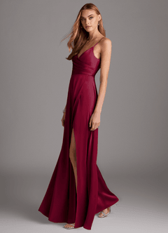 Azazie Calissa Final Sale Burgundy A-Line V-Neck Pleated Stretch Satin Dress image4