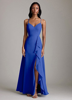 Azazie Naeem Vestidos de damas de honor Vestido de Azul Real de Gasa de Corte en A con Cuello en V fruncido image3