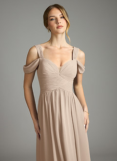 Azazie Lianne Bridesmaid Dresses Taupe A-Line Off the Shoulder Chiffon Dress image3