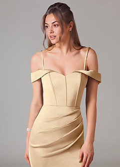 Azazie Everly Bridesmaid Dresses Champagne Mermaid Off the Shoulder Stretch Satin Convertible Dress image2