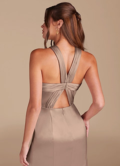 Azazie Rue Bridesmaid Dresses Taupe Mermaid Pleated Metallic Satin Dress image6