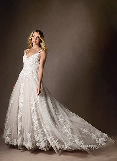 Azazie Delaina Vestidos de novia Vestido de Blanco Diamante Cocoa de Tul de Corte en A con Lentejuelas cuello pico image6