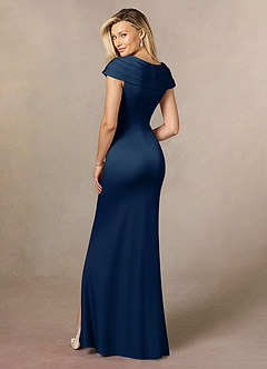 Azazie Anderson Mère de la mariée Robes Robe Trapèze en Satin extensible Plissée Bleu Marine Foncé image5