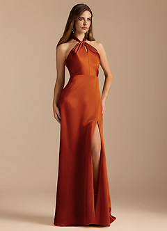 Azazie Tracie Bridesmaid Dresses Paprika A-Line Pleated Metallic Satin Dress image5