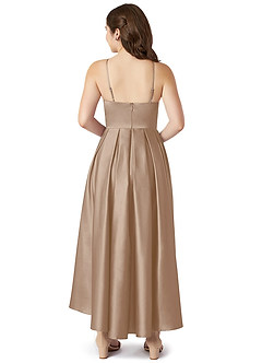 Azazie Jemima Junior Taupe A-Line with Pockets Stretch Satin Dress image2
