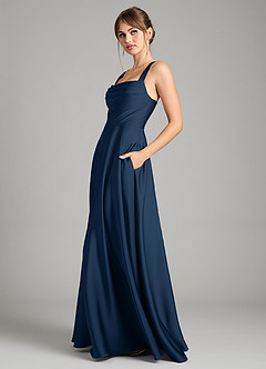 Azazie Shaude Bridesmaid Dresses Dark Navy A-Line Pleated Stretch Satin Dress image4