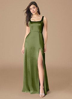 Azazie Joyce Bridesmaid Dresses Olive A-Line Side Slit Metallic Satin Dress image1