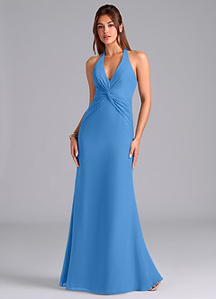 Azazie Valerie Vestidos de damas de honor Vestido de Azul Grisaceo de Gasa de Corte Sirena con Plisado image4