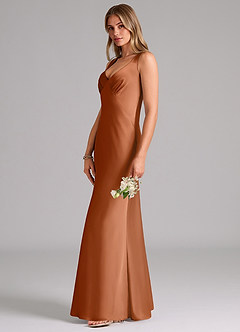 Azazie Kamila Bridesmaid Dresses Copper A-Line Pleated Stretch Satin Dress image6