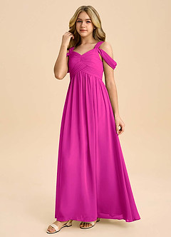Azazie Lianne Junior Fuchsia A-Line Off the Shoulder Chiffon Dress image6