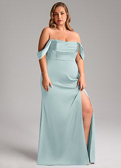 Azazie Saige Bridesmaid Dresses Mist Sheath Off the Shoulder Stretch Satin Dress image13