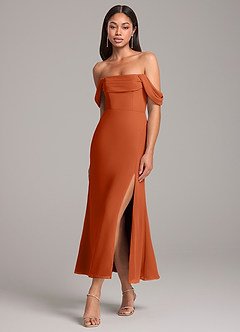 Azazie Saige Bridesmaid Dresses Burnt Orange Sheath Off the Shoulder Chiffon Convertible Dress image3