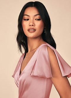 Azazie Soren Robes de demoiselle d'honneur Robe Trapèze en Satin extensible Plissée Rose Poudré image12