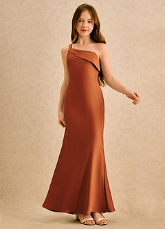 Azazie Almond Girls Formal Robe Demoiselle D'honneur Fillette Robe Fourreau en Satin extensible Une épaule Cannelle image6