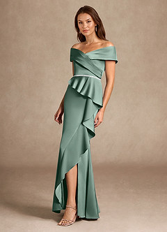Azazie Dareia Moeder van de bruid jurken Zeemeermin Jurk van Stretch Satijn Off the Shoulder Eucalyptus image7