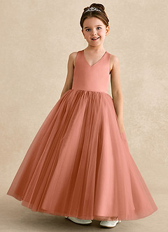 Azazie Peanut Robe Demoiselle D'honneur Fillette Robe Trapèze en Tulle Bretelle Mai Tai image4