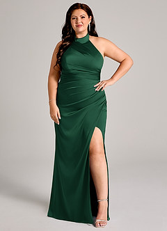 Azazie Jemma Jurken voor bruidsmeisjes Jurk van Stretch Satijn met Kolom Geplooid Donkergroen image10