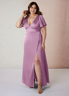 Azazie Lani Bridesmaid Dresses Wisteria A-Line Flounce Sleeve Stretch Satin Dress image7