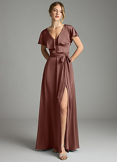 Azazie Lainey Bridesmaid Dresses Espresso A-Line with Pockets Stretch Satin Dress image3
