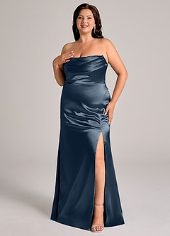 Azazie Saige Bridesmaid Dresses Dark Navy Sheath Off the Shoulder Metallic Satin Convertible Dress image12