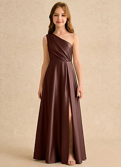 Azazie Puddles Girls Formal Robe Demoiselle D'honneur Fillette Robe Trapèze en Satin extensible Une épaule Expresso image6