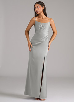 Azazie Marla Vestidos de damas de honor Vestido de Plata de Satén Elástico de Corte Recto Convertible con Sin tirantes image7