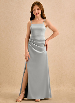 Azazie Cannoli Girls Formal Robe Demoiselle D'honneur Fillette Robe Trapèze en Satin extensible Plissée Argent image5