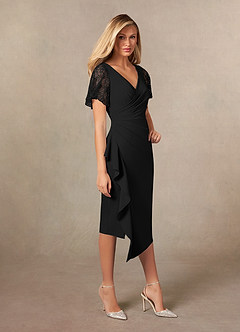 Azazie Eloise Mother of the Bride Dresses Black Sheath Pleated Stretch Crepe Dress image5