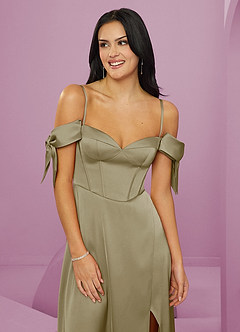 Barbie ♥ Azazie Bridesmaid Dresses Moss Green A-Line Off the Shoulder Stretch Satin Dress image5