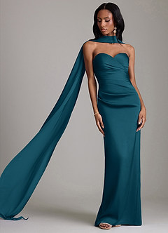 Azazie Sonora Vestidos de damas de honor Vestido de Azul Tinta de Satén Elástico de Corte Recto con Sin tirantes image8