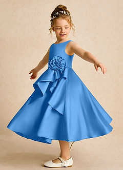 Azazie Hermia Blumenmädchenkleider A-Linie ärmellos Matte Satin Kleid Blauhäher image3