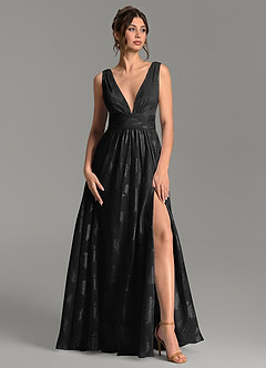 Azazie Vanessa Bridesmaid Dresses Black A-Line Pleated Floral Jacquard Burnout Dress image1