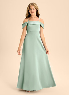 Azazie Anselie Junior Agave A-Line Off the Shoulder Stretch Satin Dress image7