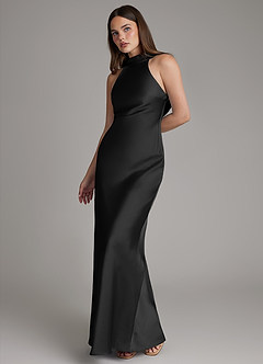 Azazie Dimitra Robes de demoiselle d'honneur Robe Trapèze en Satin extensible Plissé Noir image6